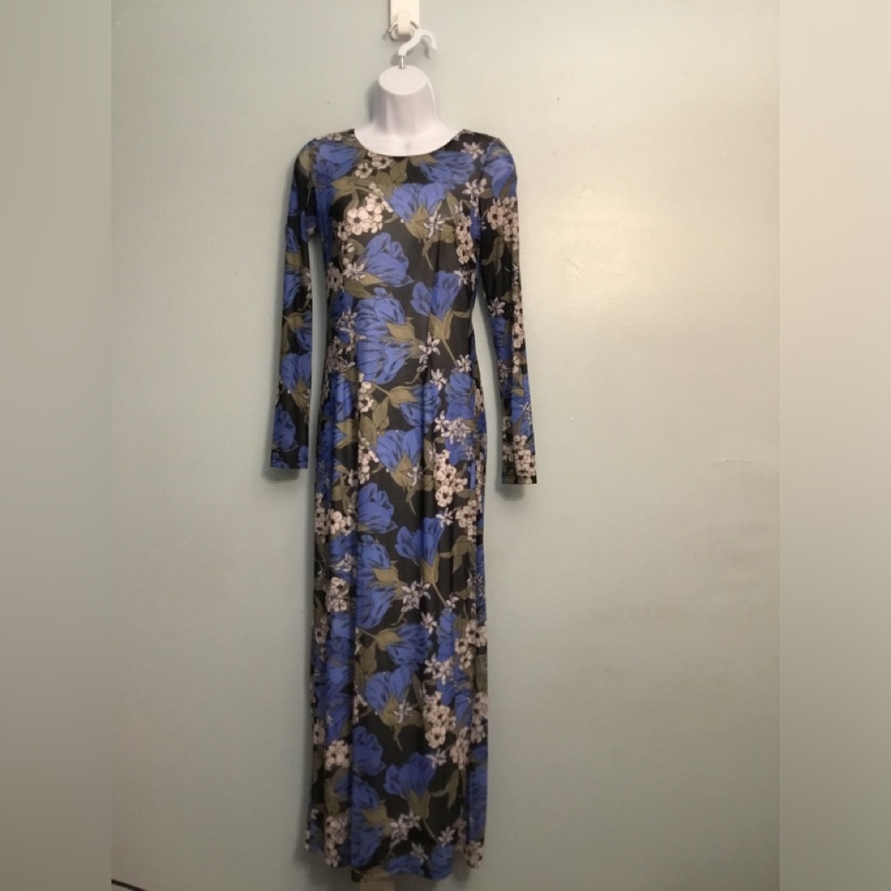 Elizabeth and James Long Sleeve Dress with Blue and Black Floral Pattern